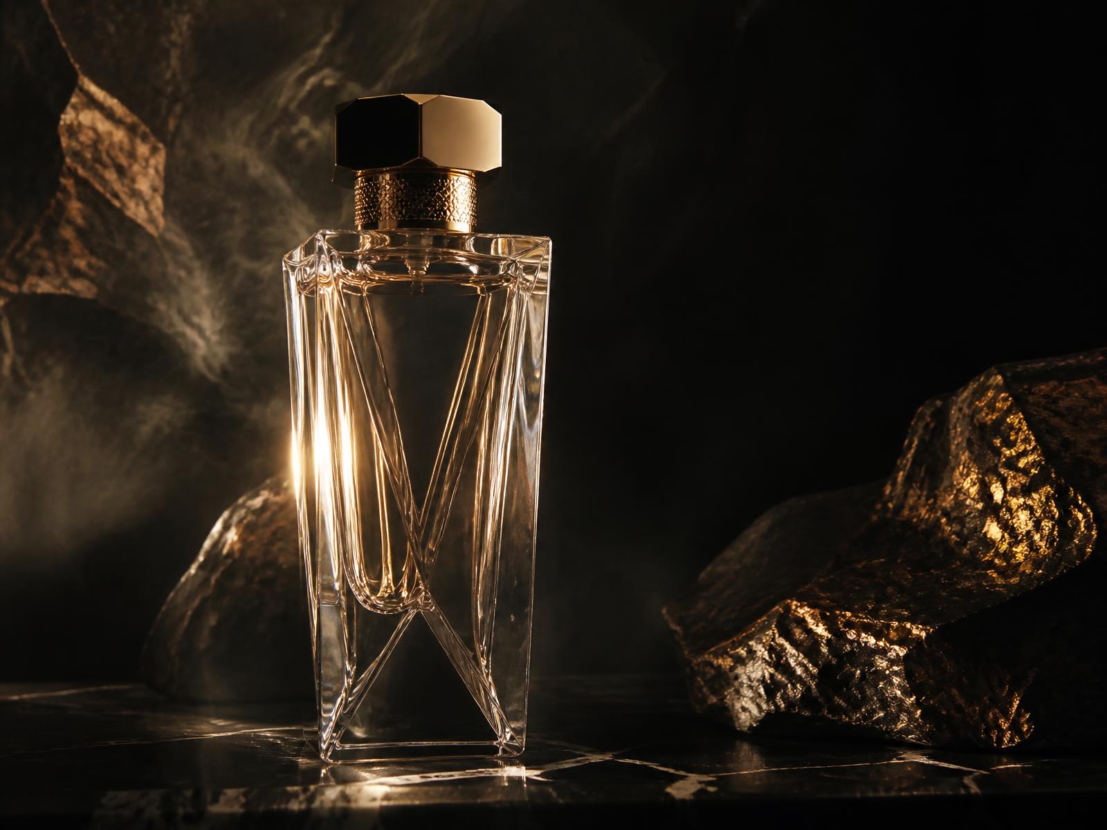Flacon de perfume sobre pedra escura sob luz cinematográfica
